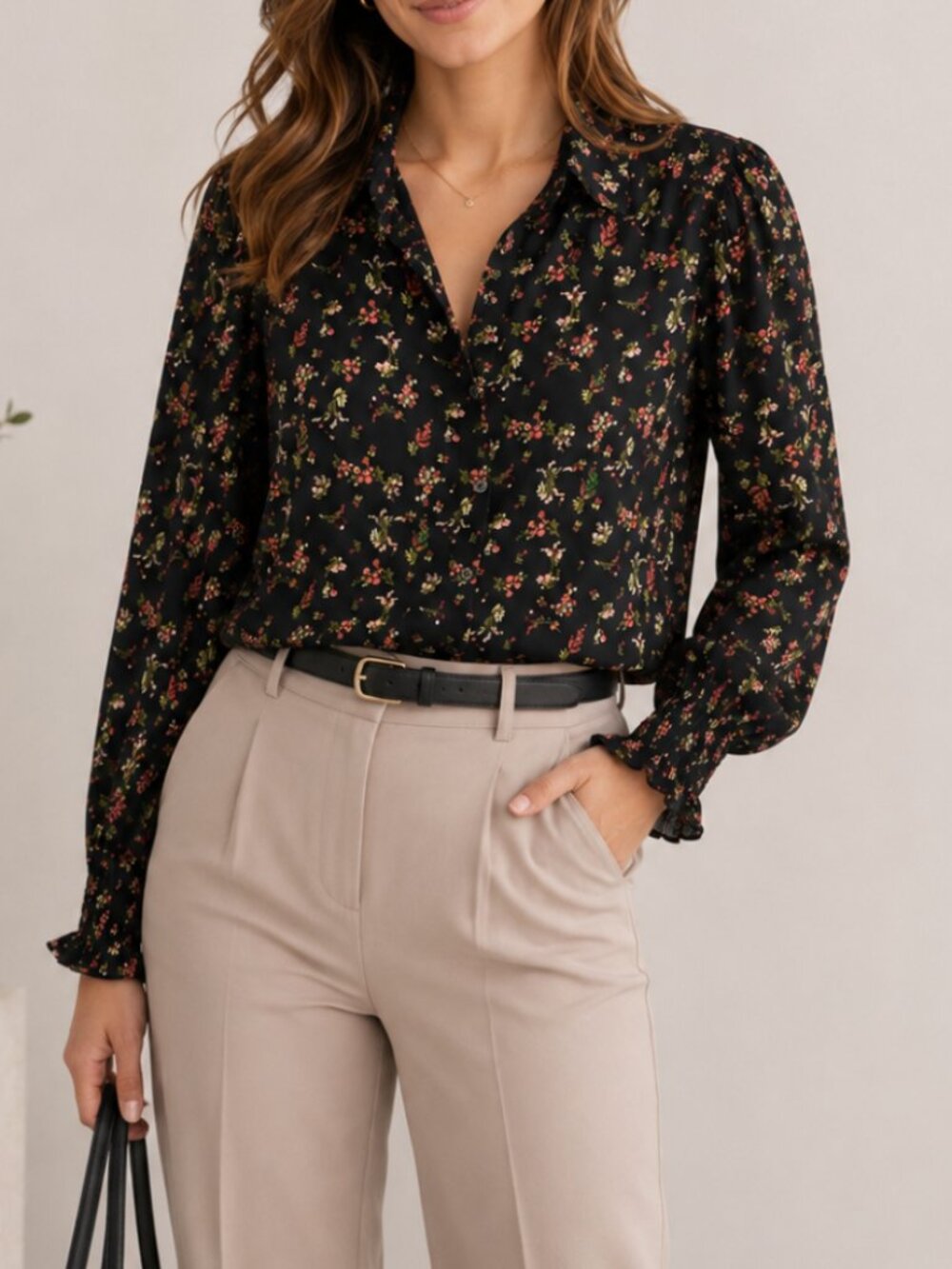 A Love Story Black Ditsy Floral Button-Up Blouse Romantic Size Large